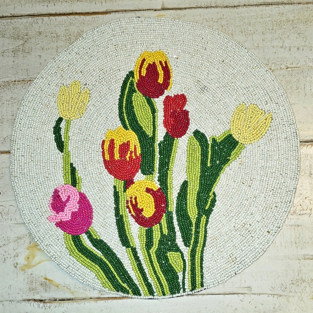 Floral Beaded Round Placemat Set Of Two